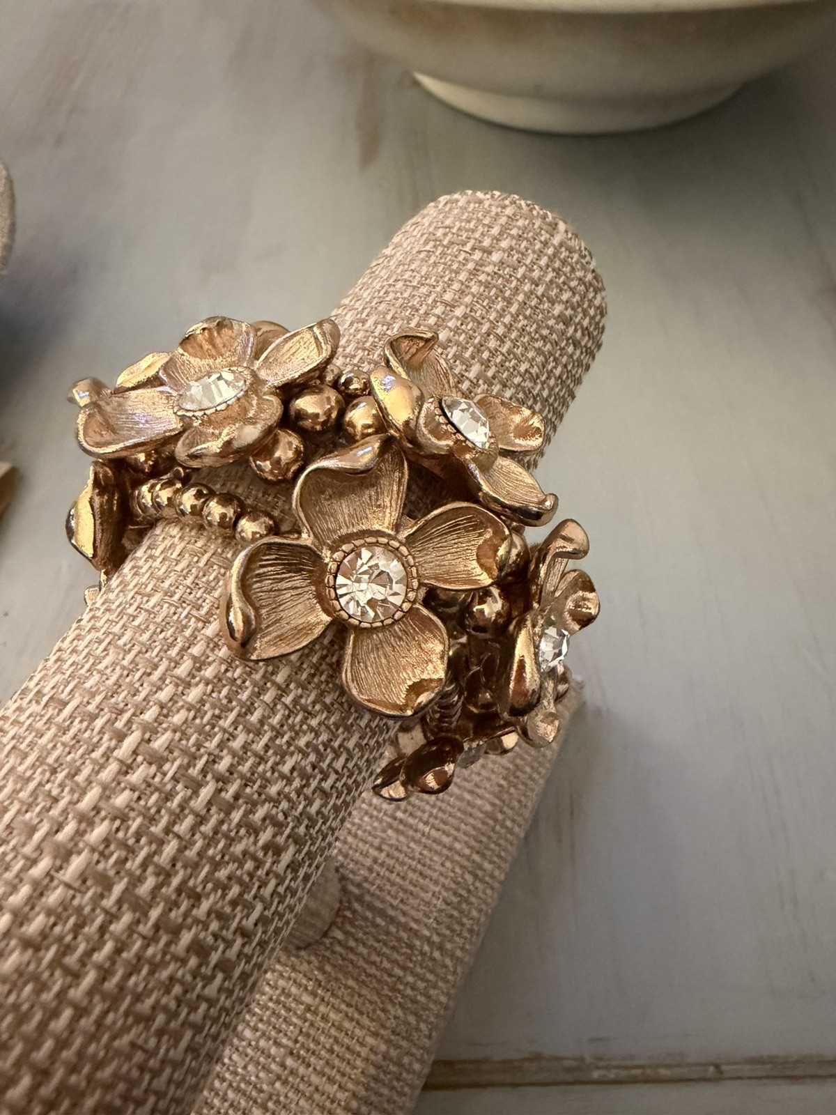 Gold Tone Flower Cuff Bracelet with Clear Crystal Centers, Bezel, Stackable