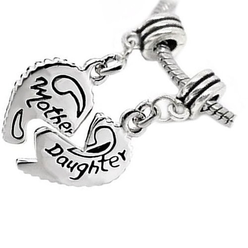 Mother Charm Two Piece” Mother Daughter” Heart Charm Beads for Snake Chain Brace