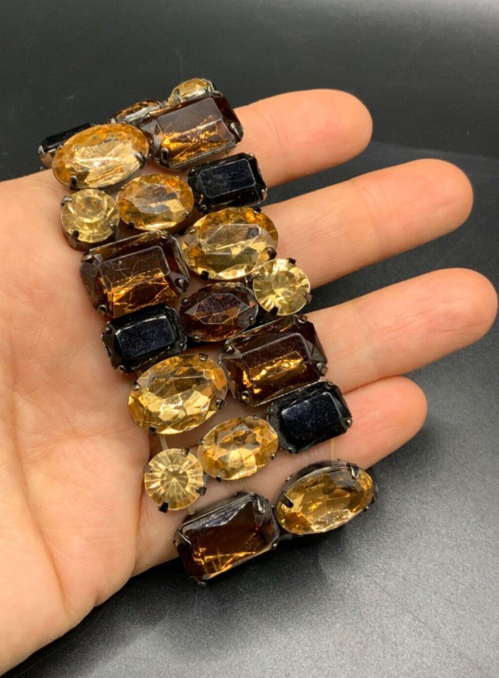 Brown Orange Bracelet Fall Harvest Acrylic Wide Bling Metal Stretch Bracelet