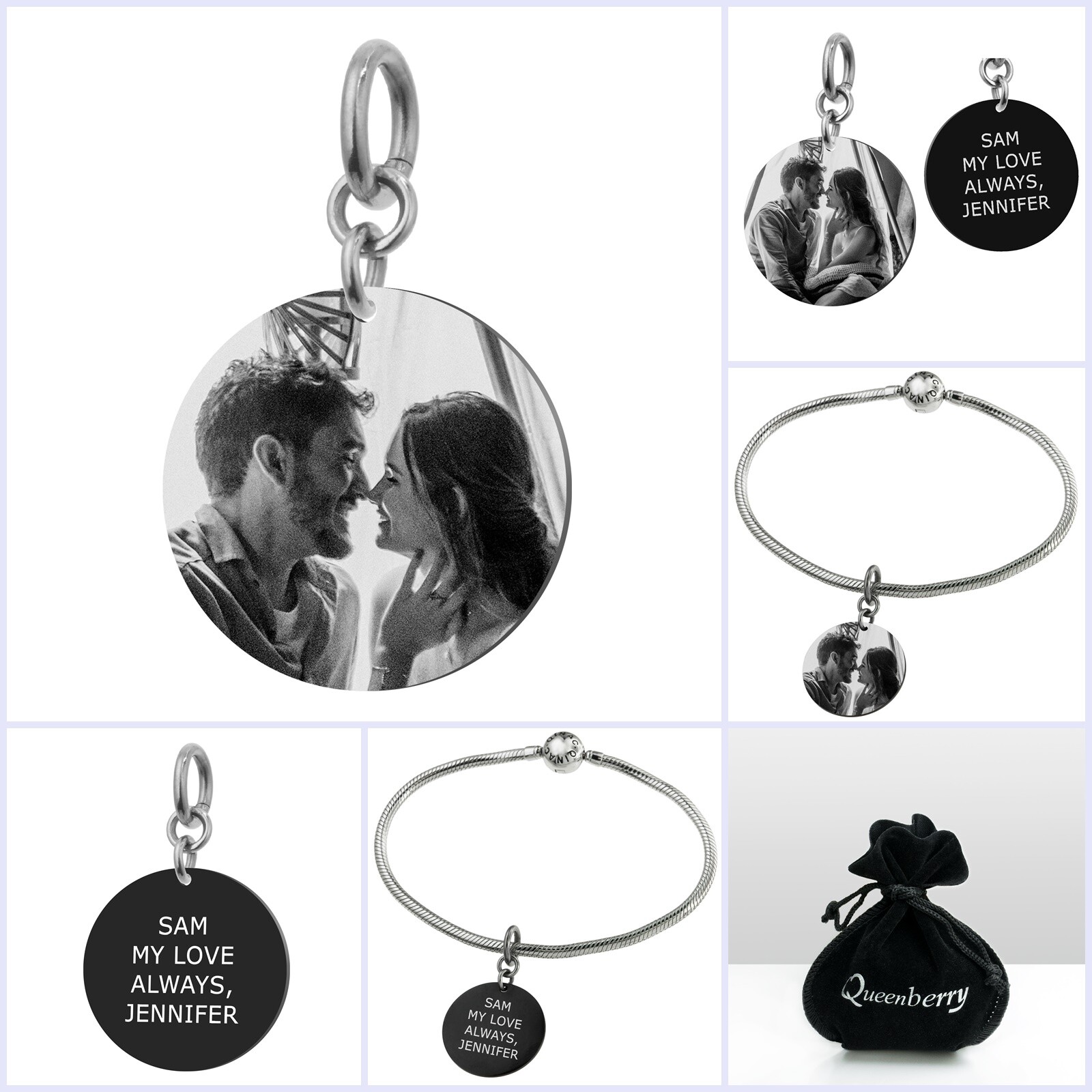 Personalized Photo and Message Engraving Custom Pendant Bead for Charm Bracelet