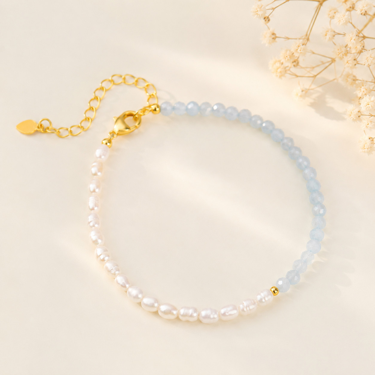 Dainty Aquamarine & Pearl Bracelet March Birthstone Gift for Her Handmade
