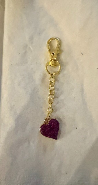 Purple Glitter Heart Bag Charm Zipper Pull Gold Lobster Clasp Handmade 3″