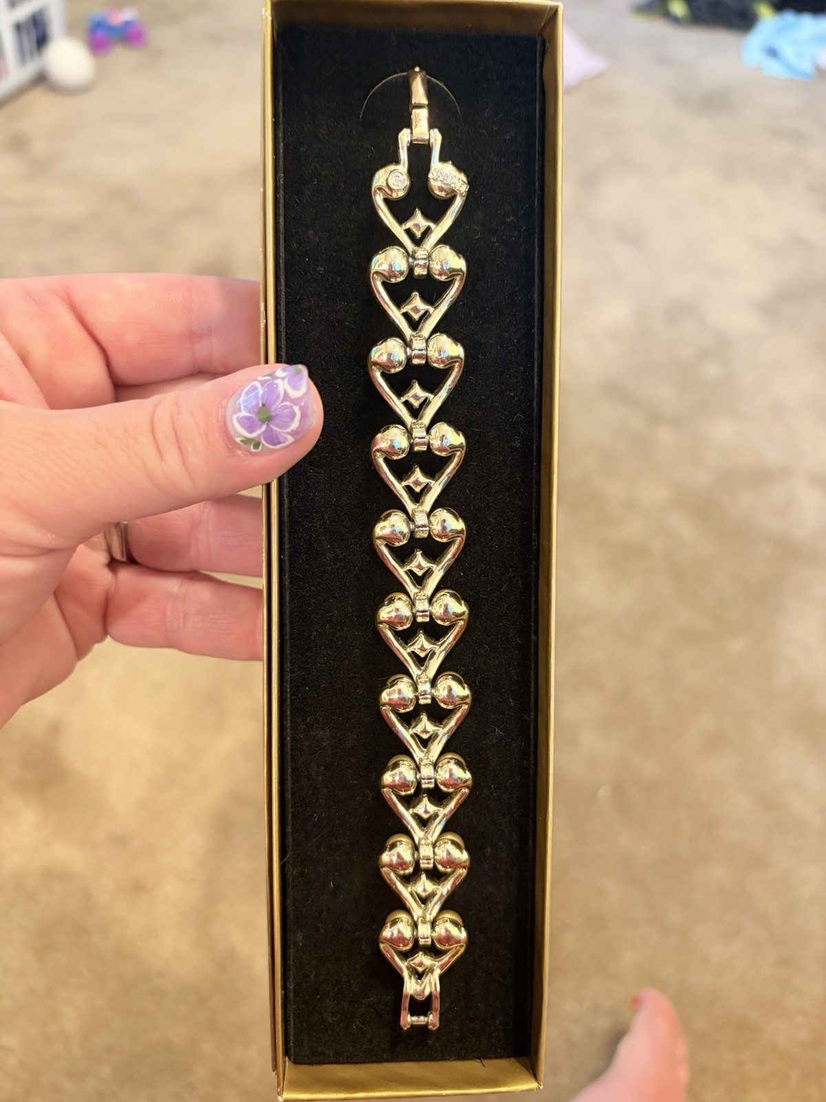 Gold Tone Heart Bar Link Bracelet w/ Imitation Pearls, Clear Crystals, Signed