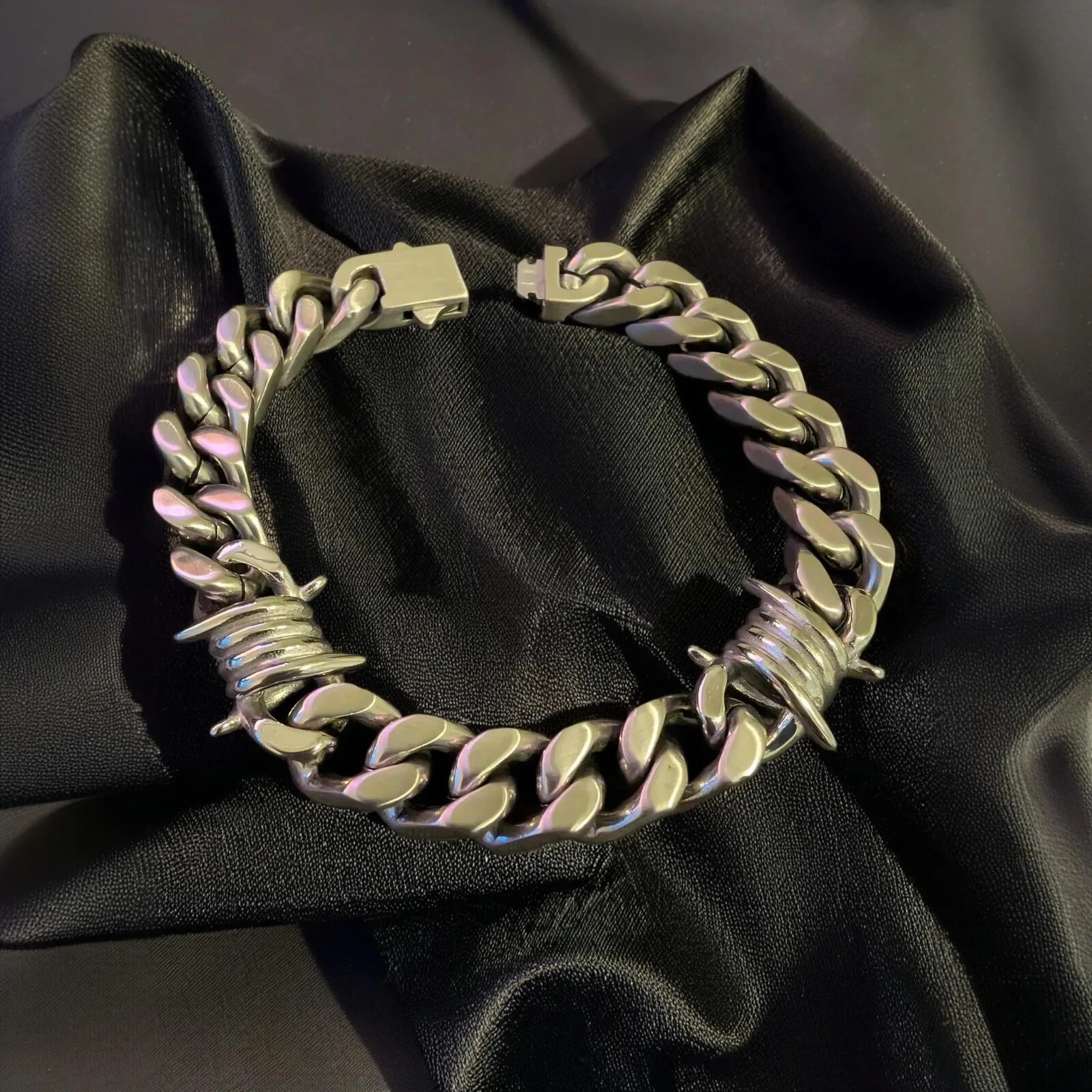 Barbed Wire Bracelet, Cuban Chain, 316L Stainless Steel, Punk Jewelry