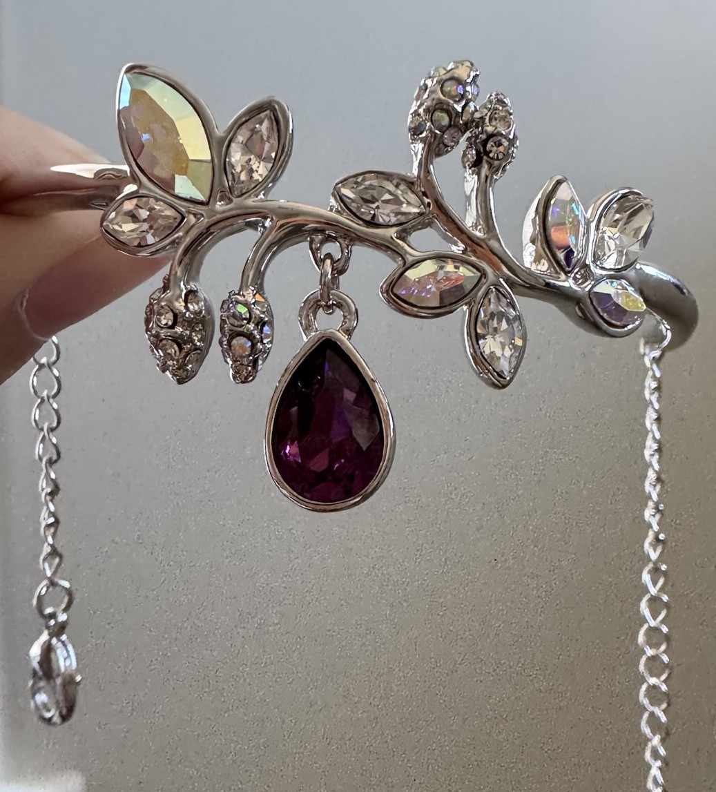 Silver Tone Floral Leaf Cuff Bracelet w/ Purple Pear Crystal Dangle Adjustable