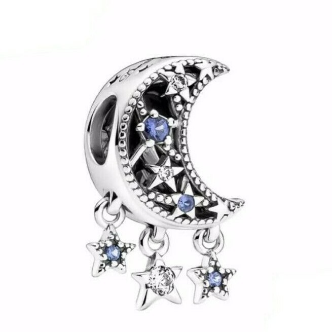 S295 Silver Stamped Crescent Moon Stars Dream Big Dangle Bead for Bracelets