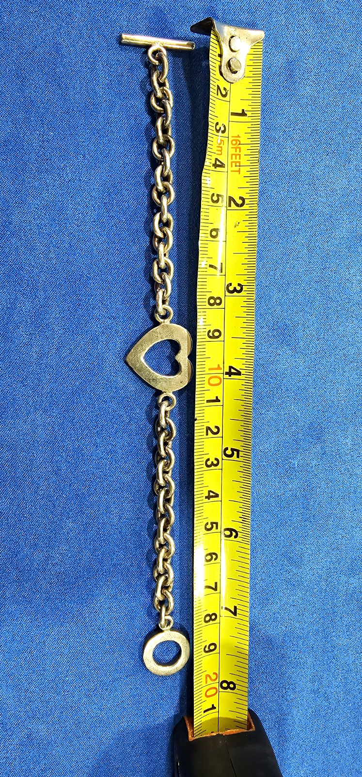 Silver Metal Rolo Chain Bracelet 7 in Toggle Closure Heart Dangle Charm No Stone