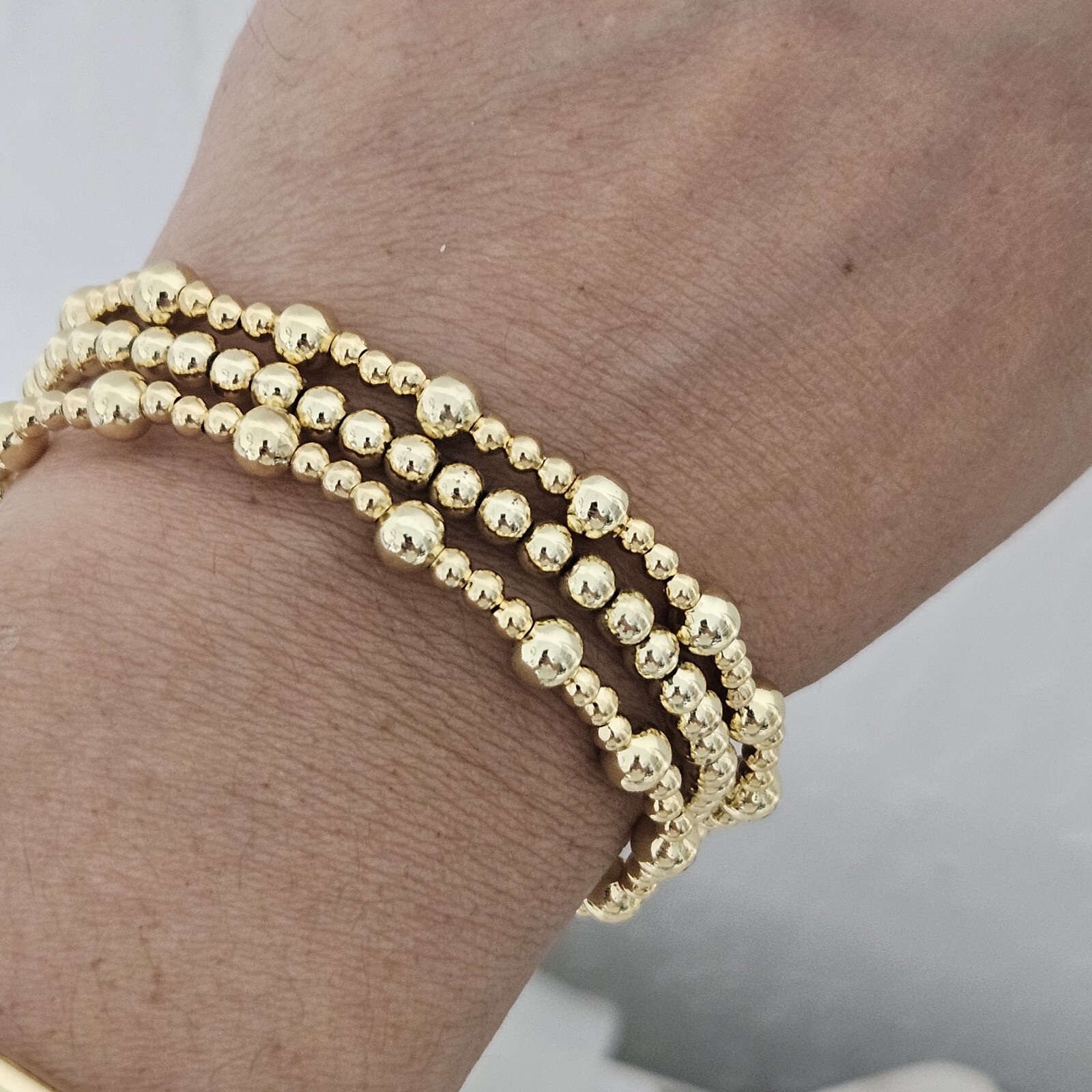 3 Piece 18k Gold Filled Elastic beaded bracelet Gold Ball bracelet
