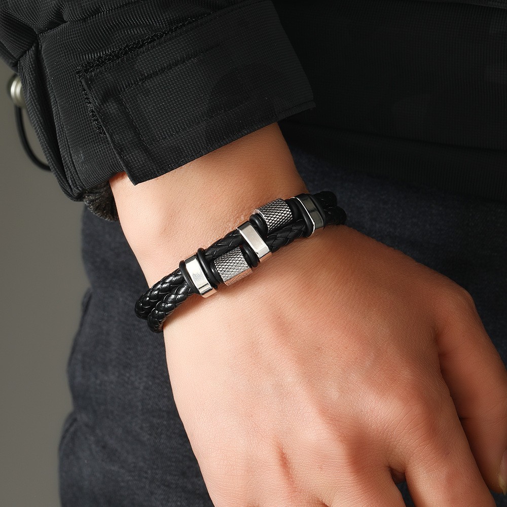 Men’s Stainless Steel Genuine Leather Bracelet Strength Fashion Bangle Wrap Gift
