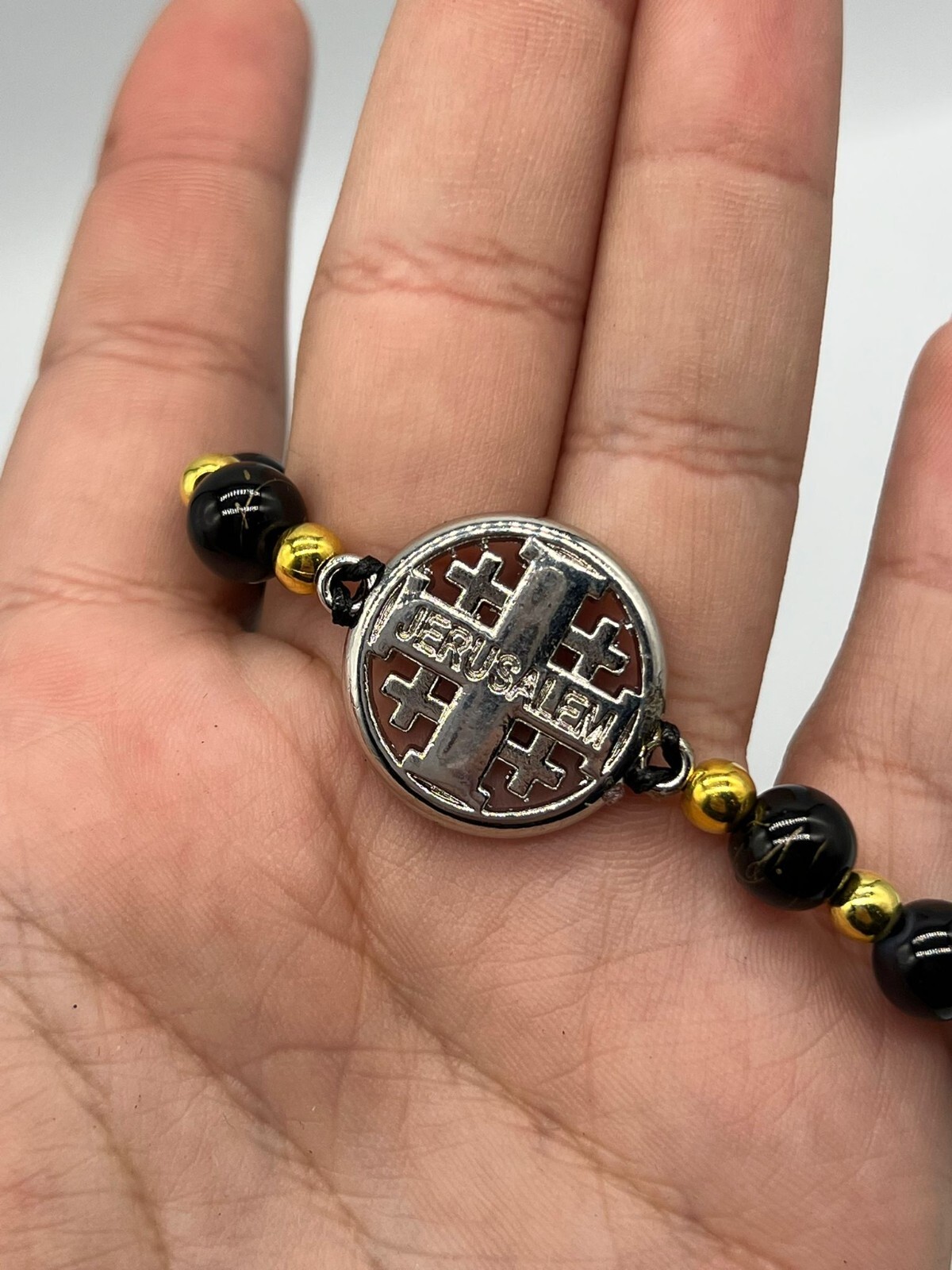 Jerusalem Cross Black Beads Bracelet Catholicism Brass Plated