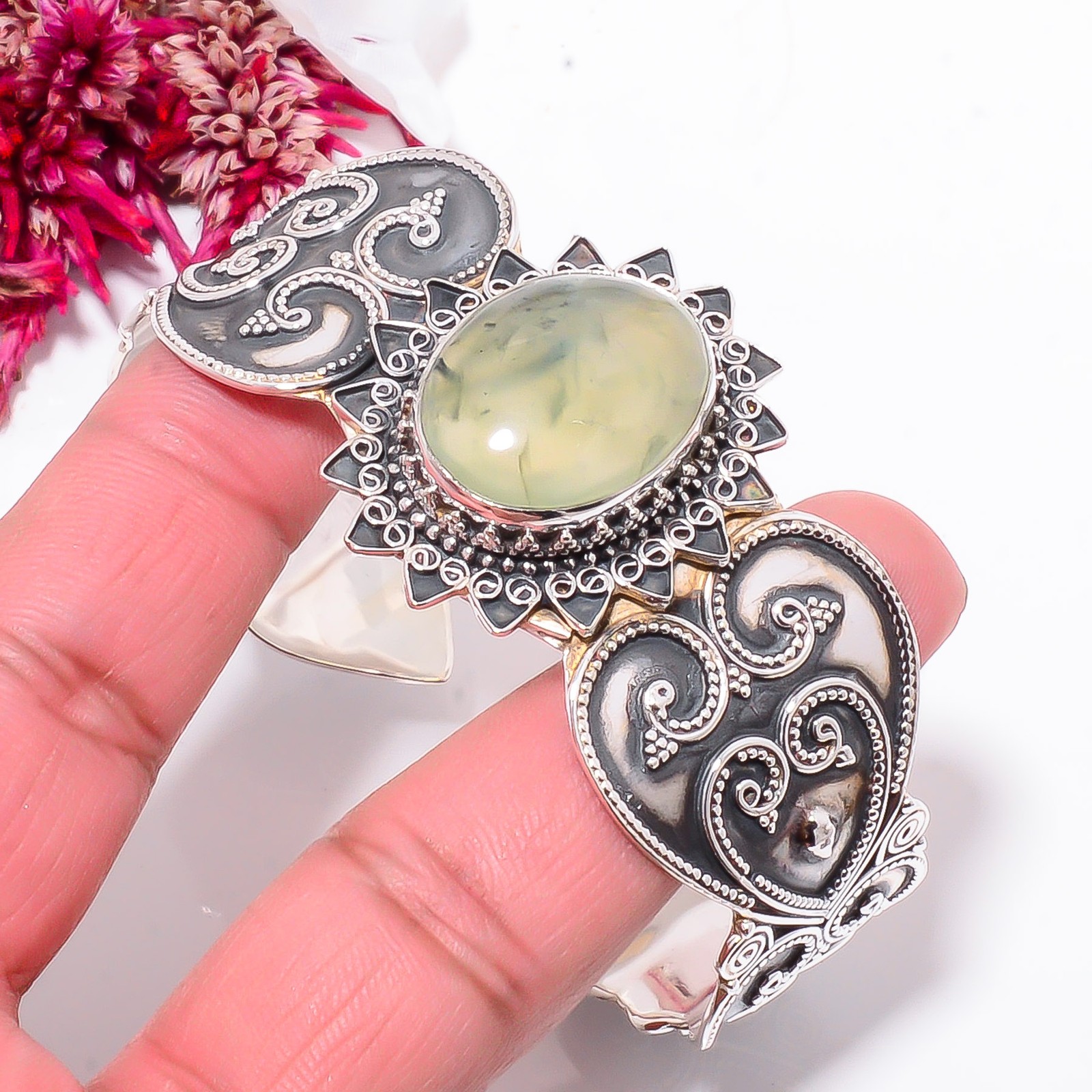 Prehnite – South Africa 925 Sterling Silver Bali Cuff|C968358543