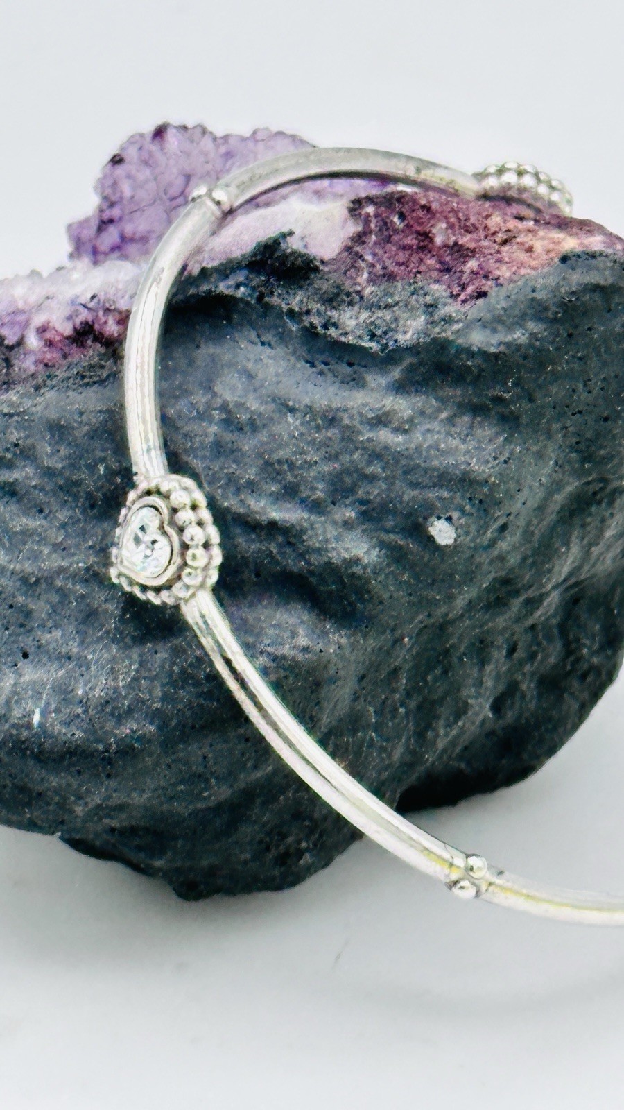 Brighton Crystal Heart Bangle Bracelet Silver Plated Beaded 7-8 In Hinged