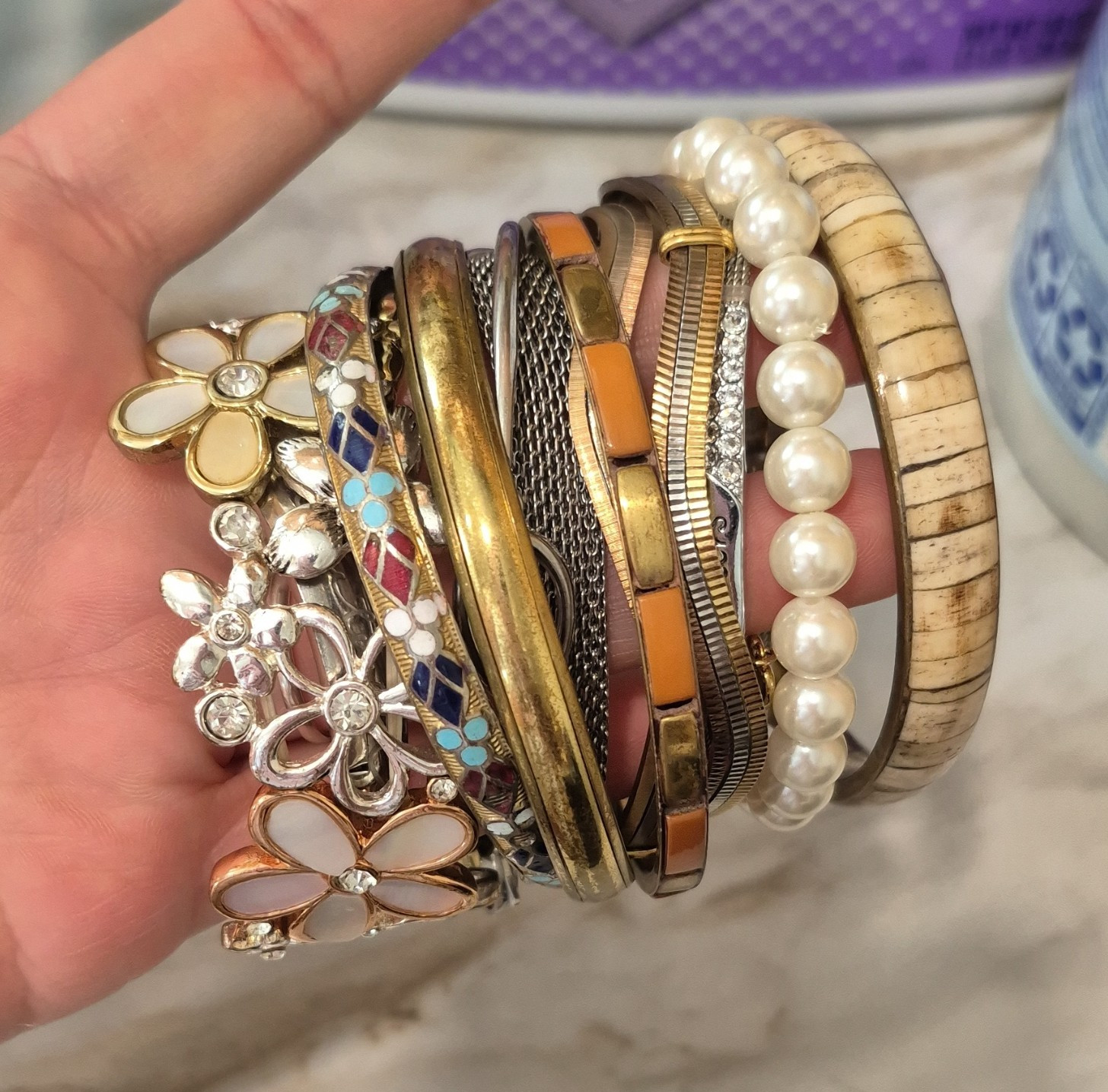 Stackable Mixed Bracelet Lot: Bangles & Cuffs, Faux Pearl, COSTUME JEWLERY!! 🎉