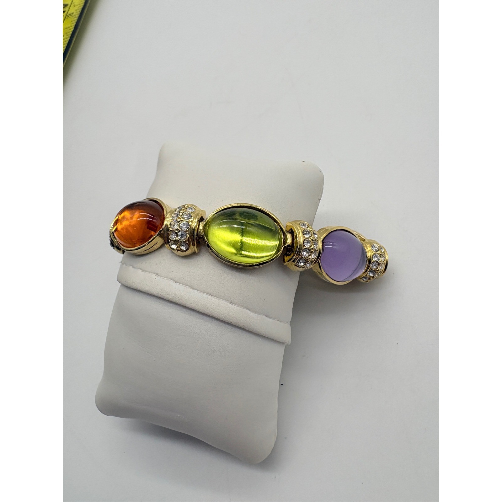 Vintage Style Gold Tone Chunky Rainbow Jelly Cabochon Rhinestone Link Bracelet
