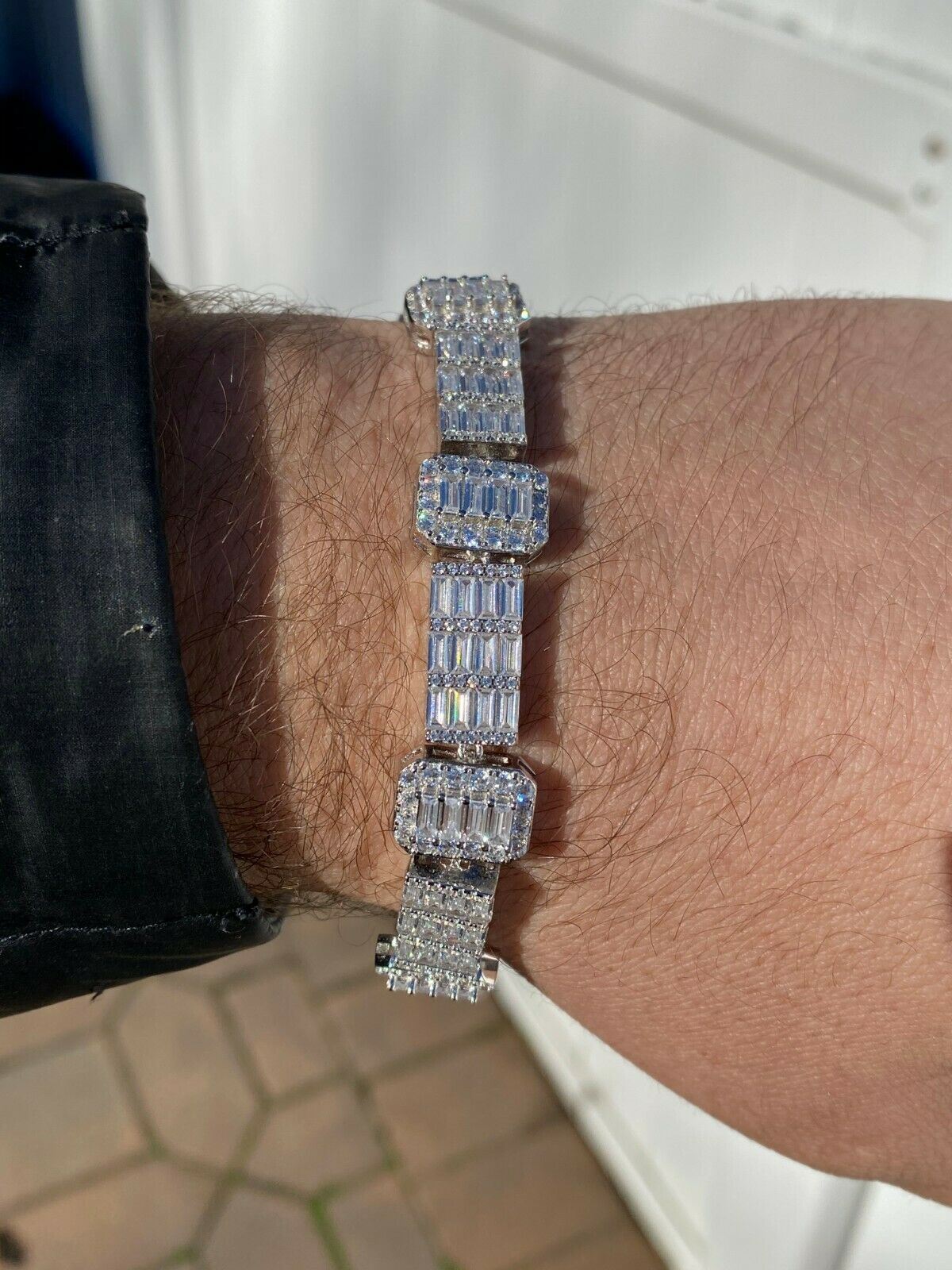 Men’s Real Solid 925 Sterling Silver Baguette Bracelet Iced CZ Flooded Out
