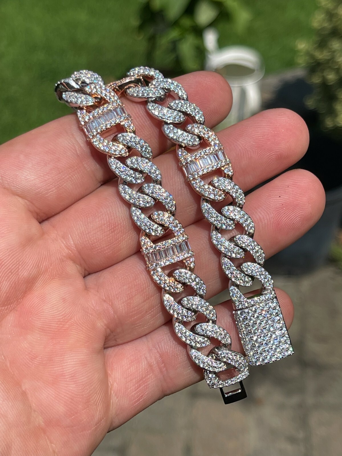 Solid 925 Silver Rose Gold Plated Men Cuban Iced Gucci Link Bracelet Baguette CZ