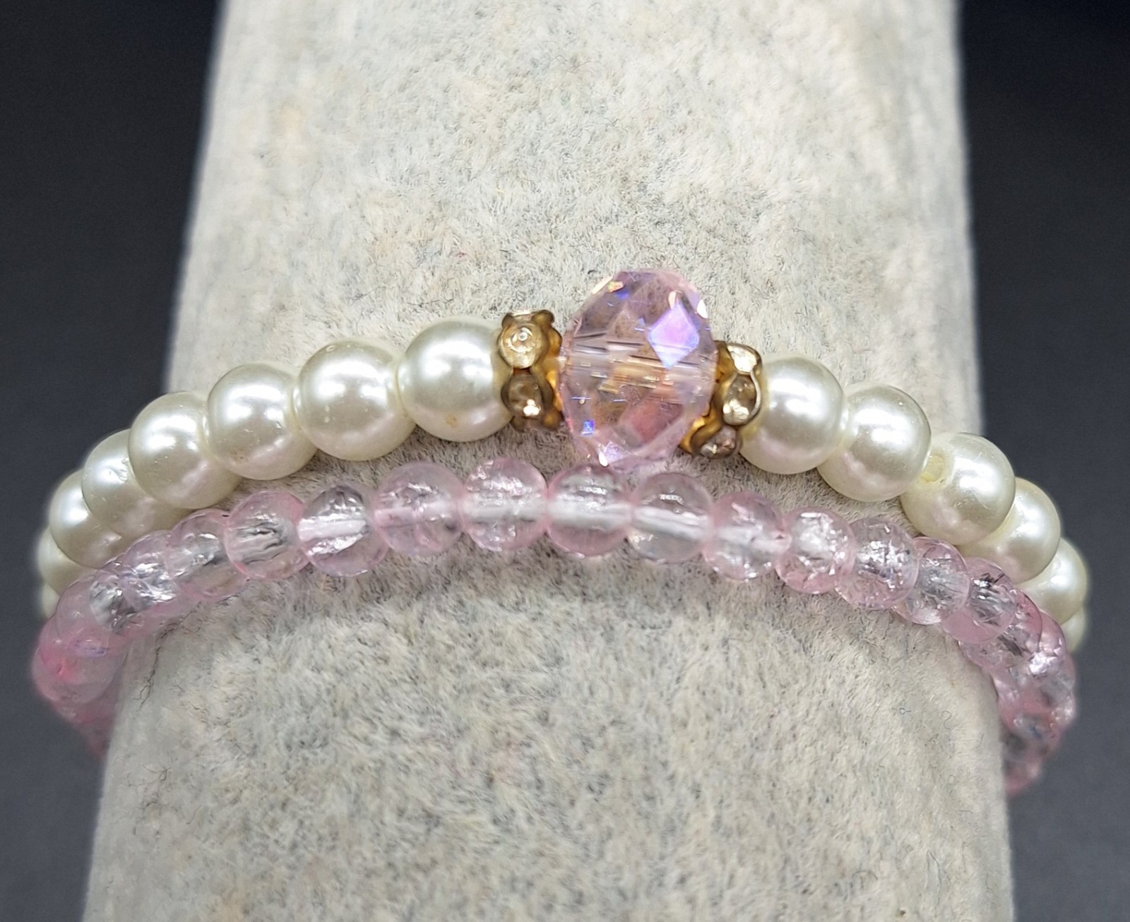 Set of Two White and Pink Handmade Bracelet w Glass Beads and Pink Crystal Bead
