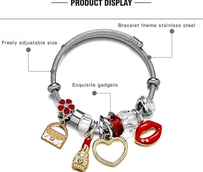 Women Bracelet Silver Stainless Heart Red Lip Charms Birthday Anniversary Gift