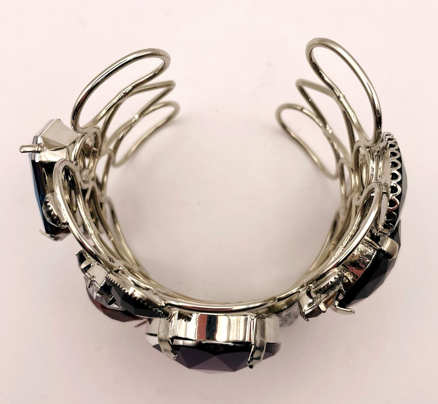 Multi Color & Shape Rhinestone Wire Cuff Bracelet Stmt Geometric Silver Tone
