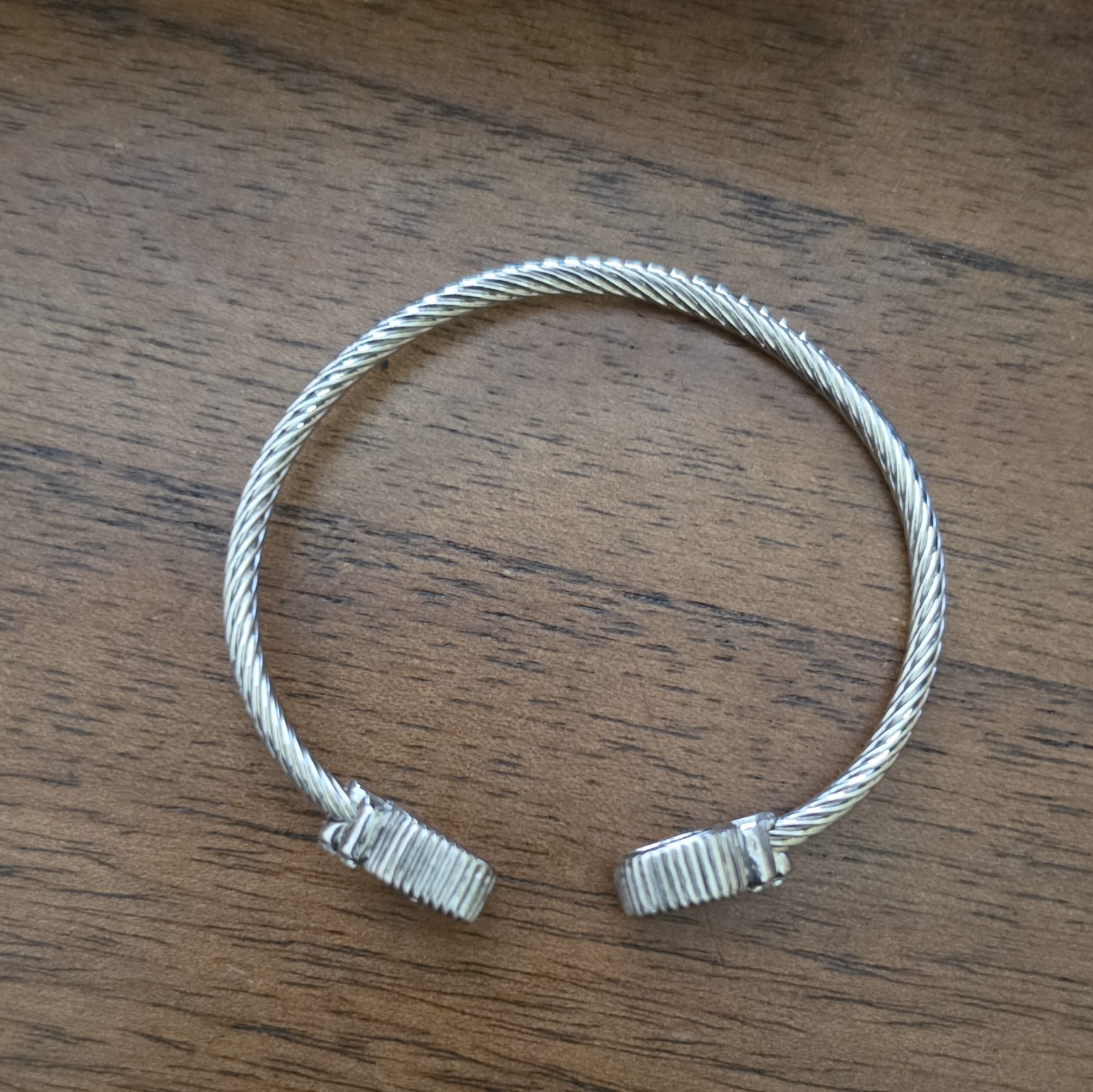 Silver Tone Rope Cuff Bracelet Open Pavé Square White Crystal Ends Sizable