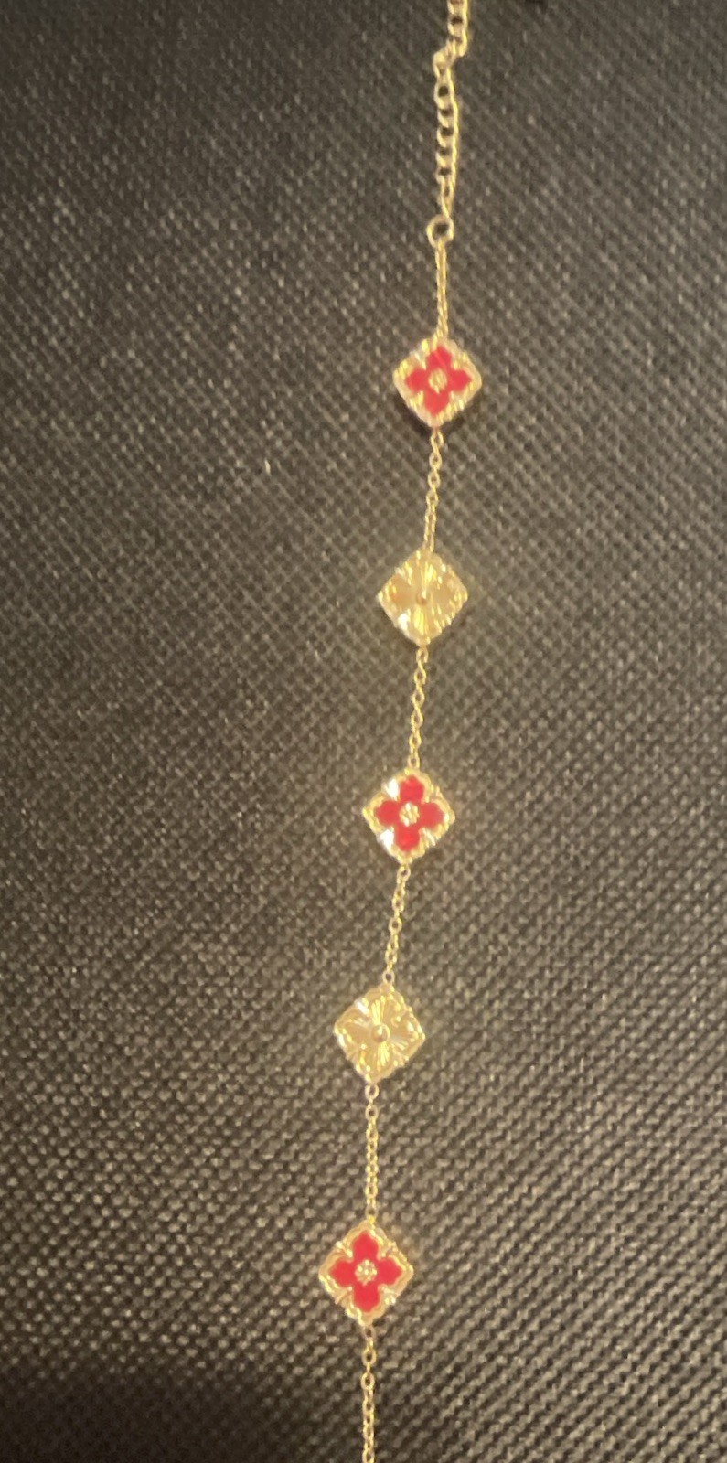 Gold Tone Cable Chain Charm Bracelet Red Clover Clear Crystal, Lobster