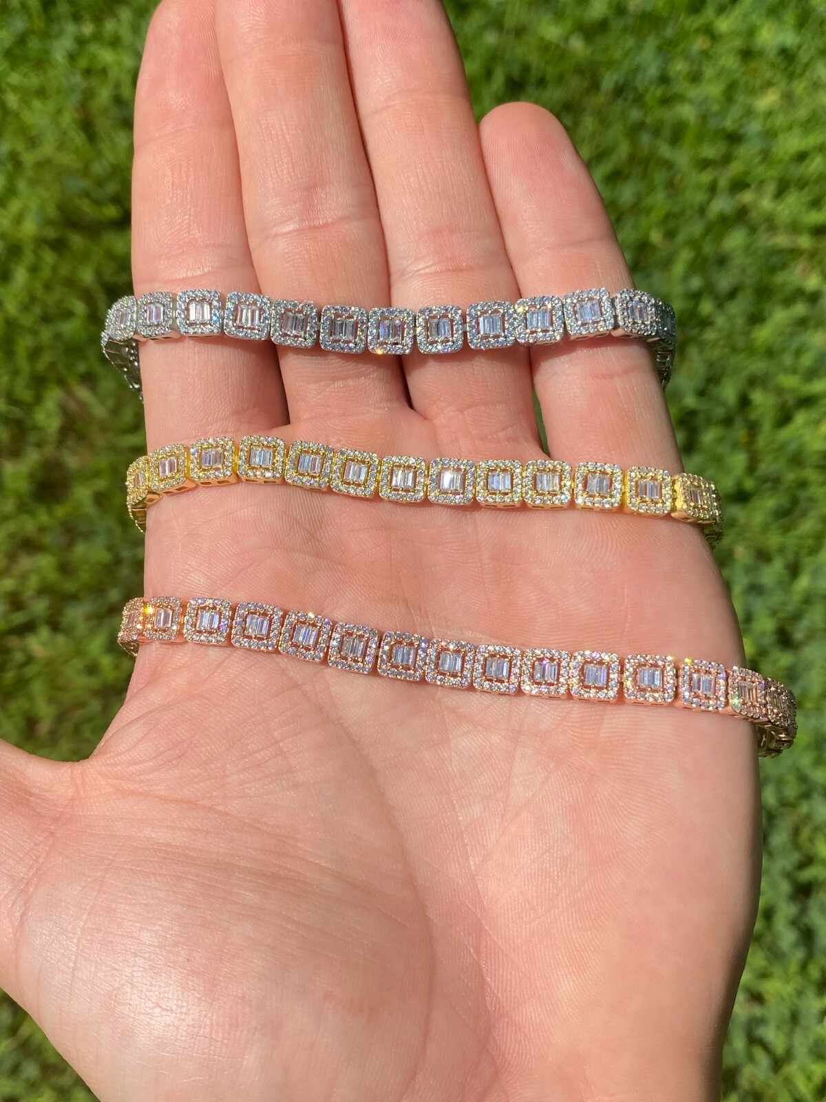 Real 925 Silver Yellow Rose Gold Plated Square Cluster Bracelet Baguette CZ