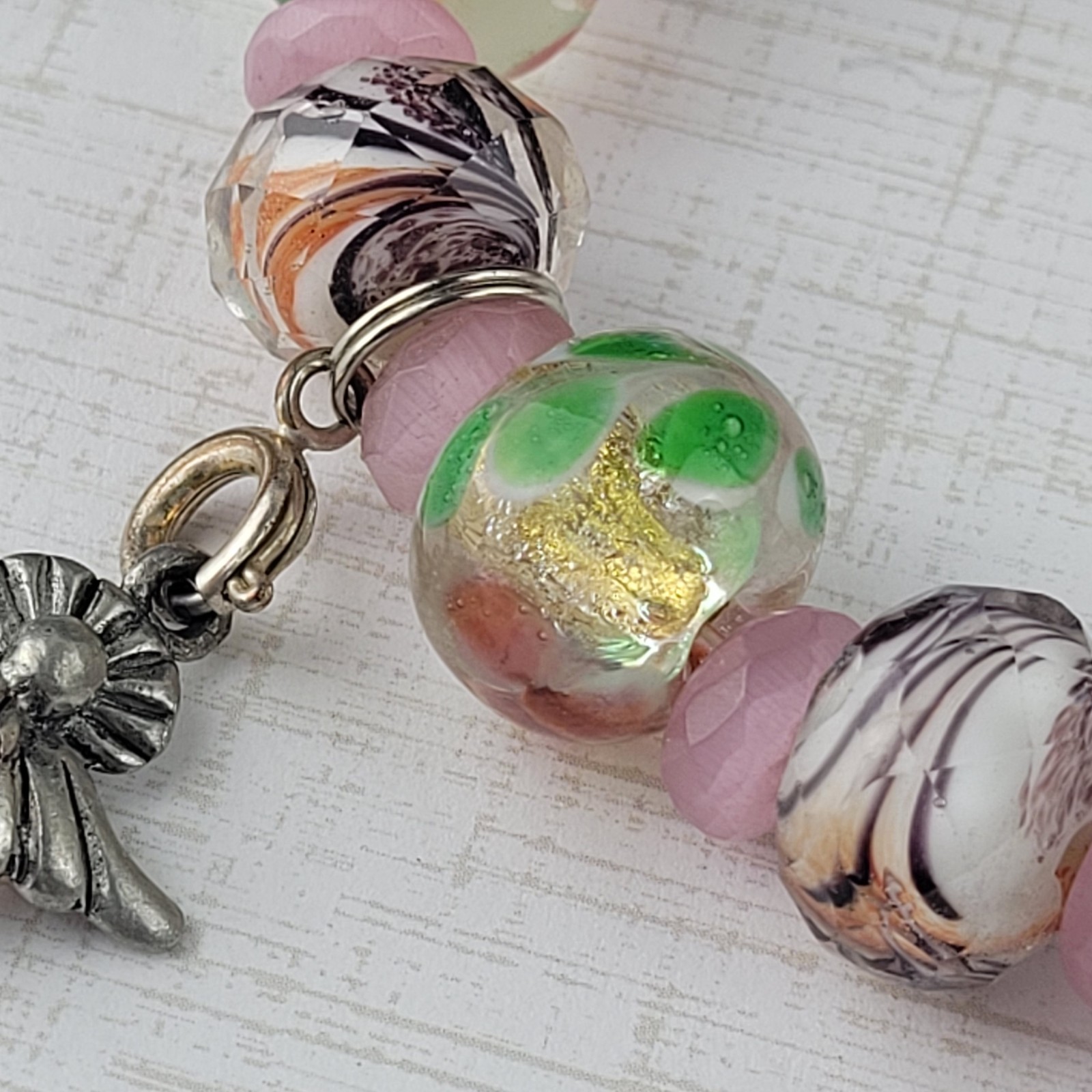 Art Glass Bead Angel Charm Bracelet Pink Black Multicolor Floral Stretch 7.5″
