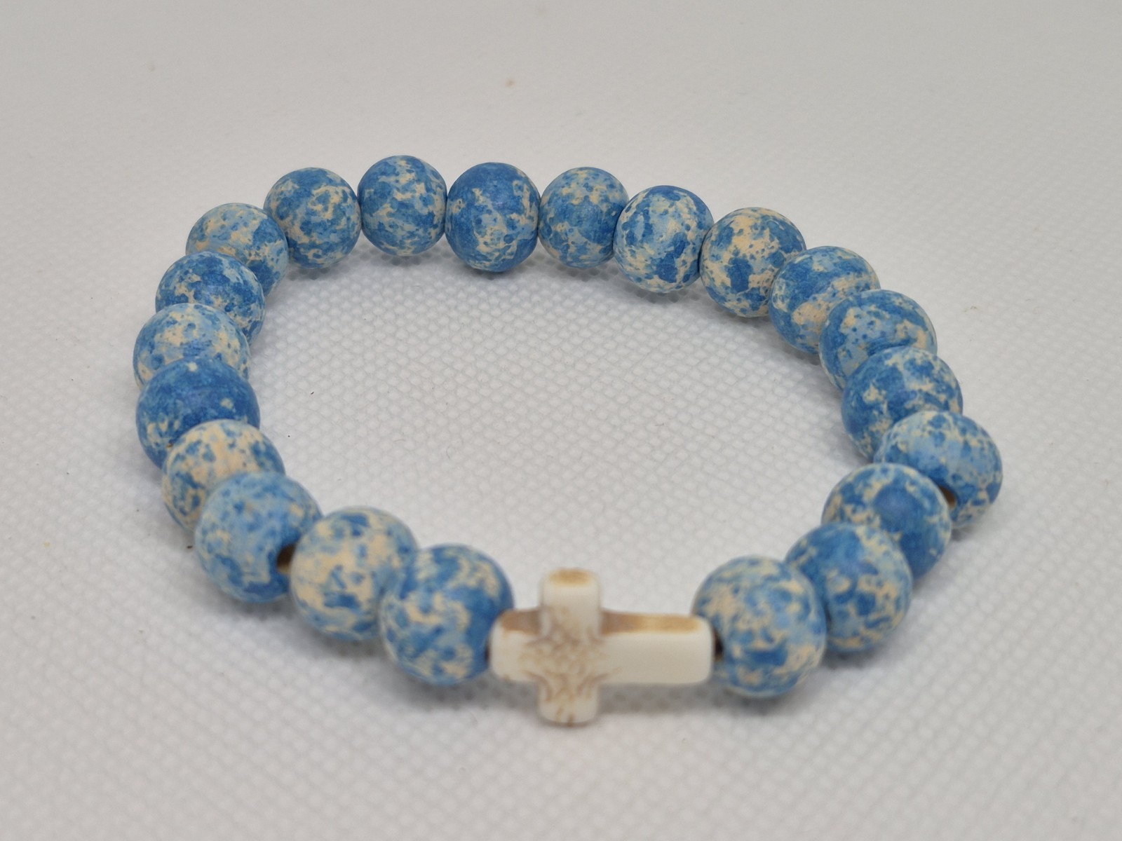 Set of 3 Multicolor wood Round Beaded Stretch Bracelets w/ Cross Dangle Charms