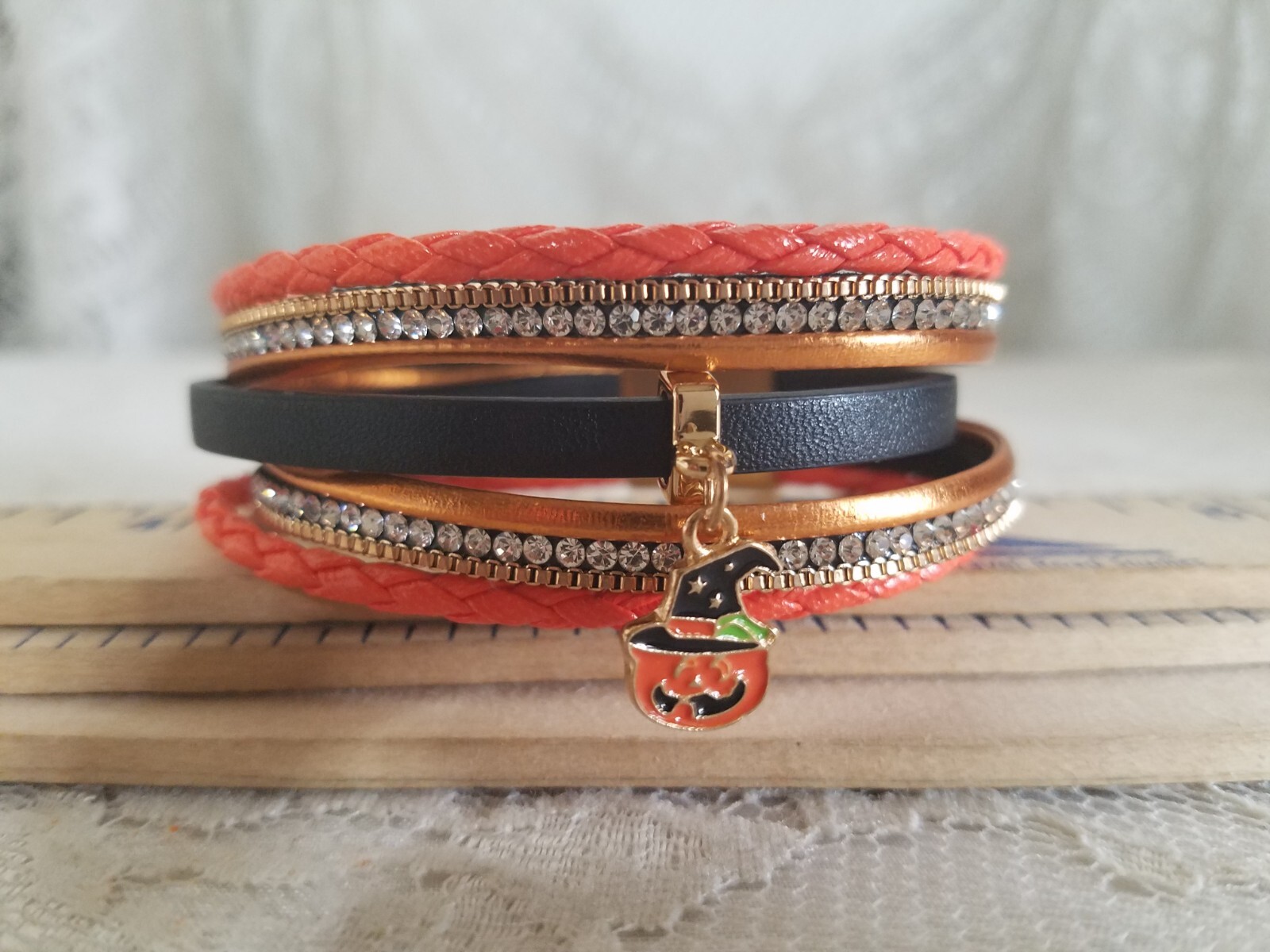 HALLOWEEN ENAMEL PUMPKIN MAGNETIC BRACELET RHINESTONES GOLD TONE LAYEREDED