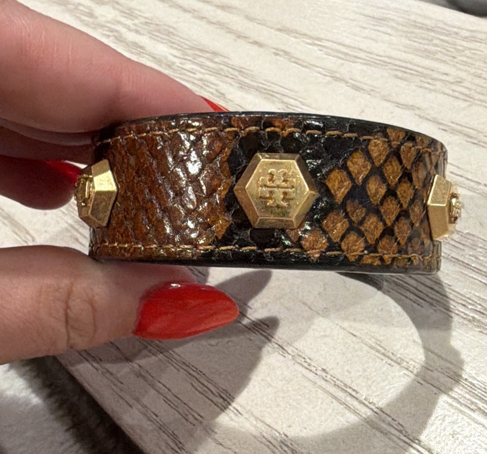 Tory Burch Signed Leather Cuff Bracelet Snake Skin Design Black Brown Gold Tone