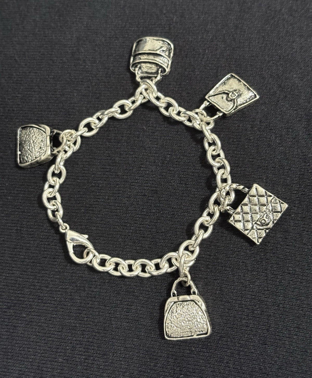 Vintage Silver Tone Handbag Charm Bracelet Purse Fashion Charms Toggle Style 7”