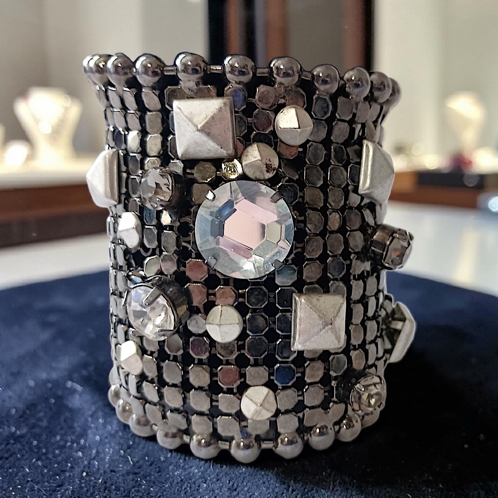 Jimmy Choo x H&M Bijou Bracelet Rhinestone Silver Tone Mesh Cuff Stud Chunky