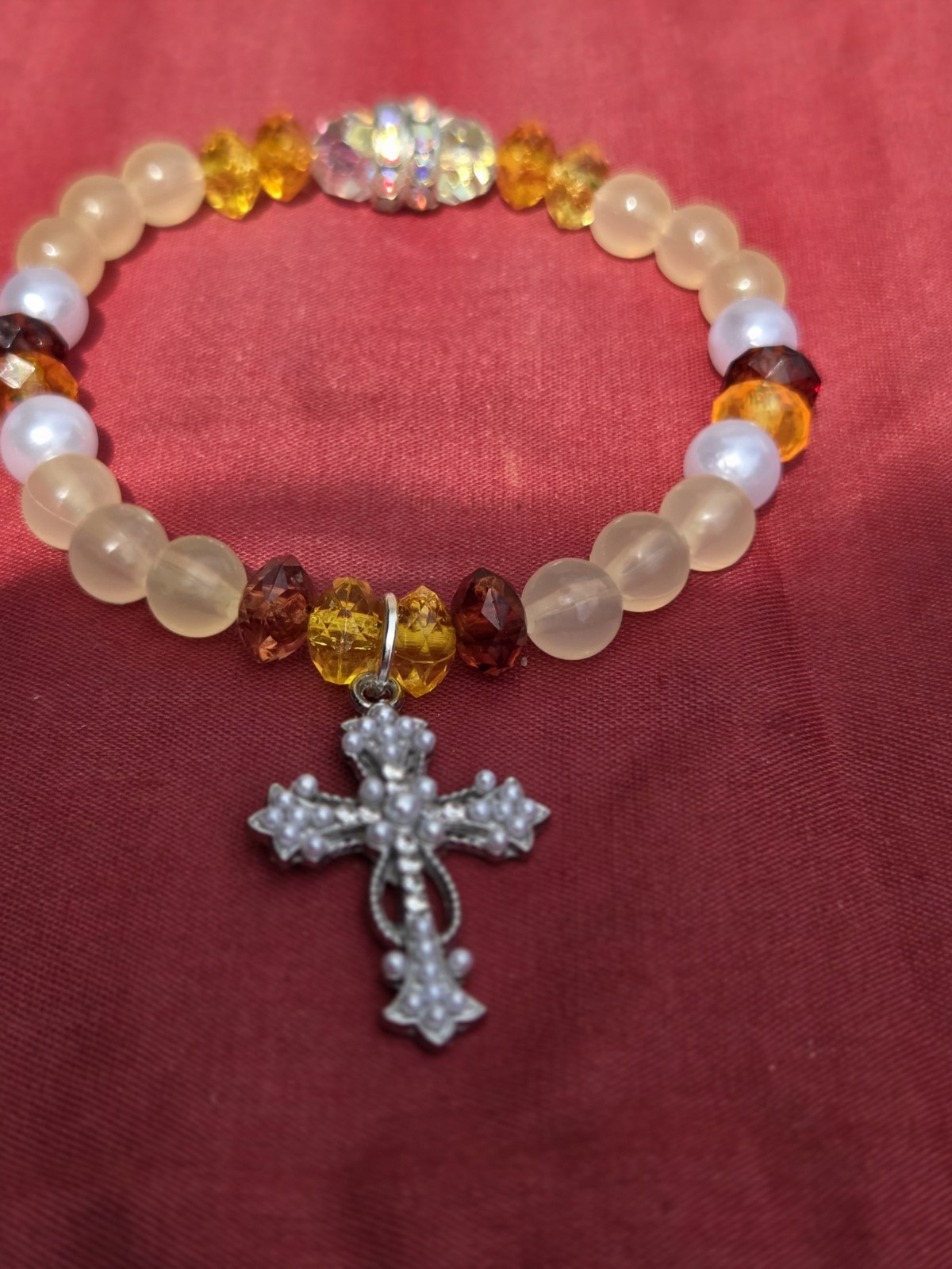 Multicolor Round Beaded Stretch Slip-On Bracelet Cross Dangle Charm Religious