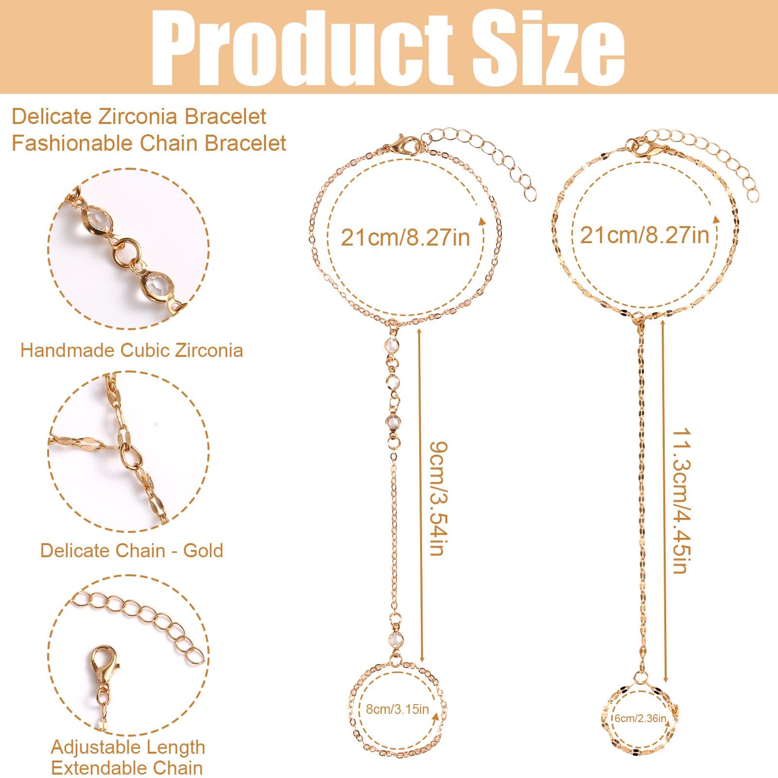 Mikovivi Gold Hand Chain Bracelet, Ring Bracelet for Women, 2pcs, zinc alloy,
