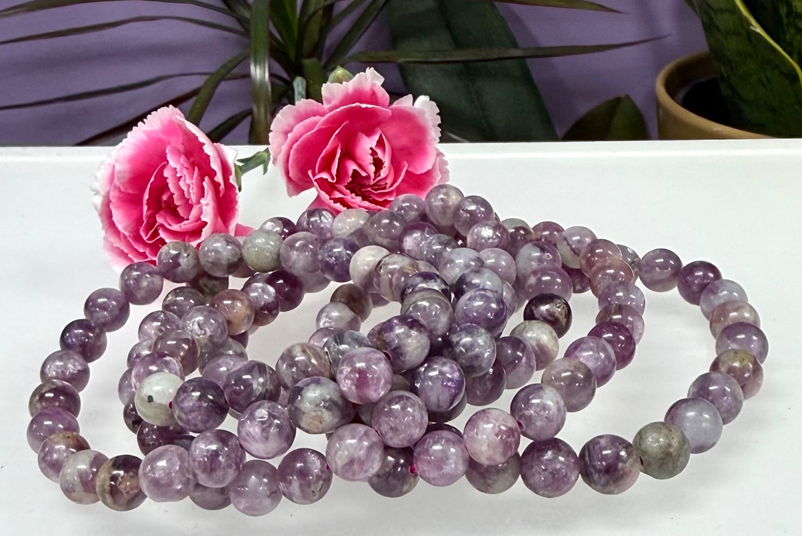 Wholesale Lot 6 Pcs Natural Lepidolite Mica 8mm 7.5” Crystal Stretch Bracelet