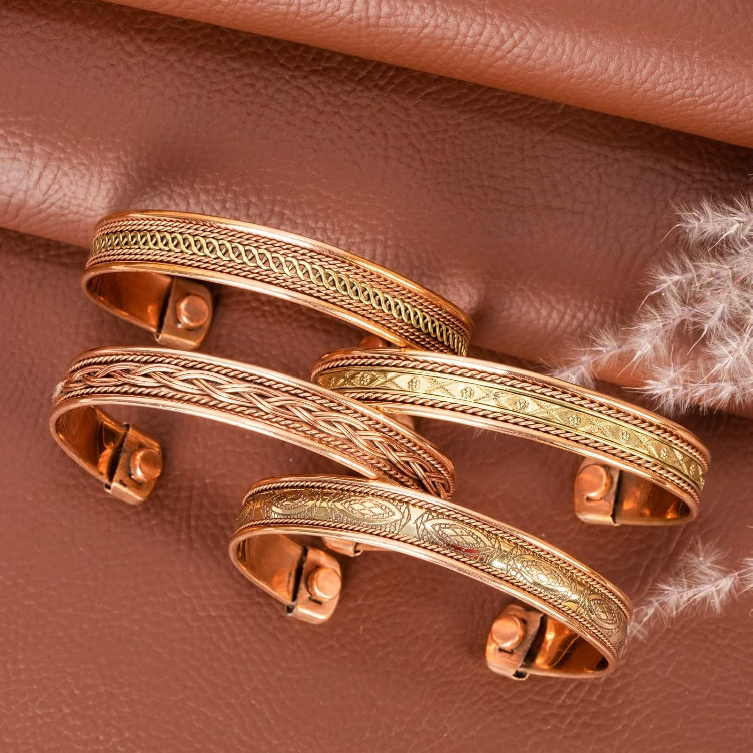 Pure Copper Set of 4 Tibetan Bracelets Handmade Cuff Bangle for Men and Women Ad