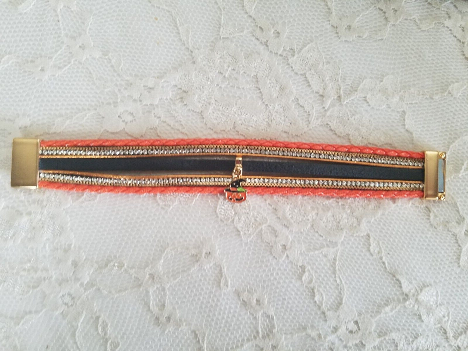 HALLOWEEN ENAMEL PUMPKIN MAGNETIC BRACELET RHINESTONES GOLD TONE LAYEREDED