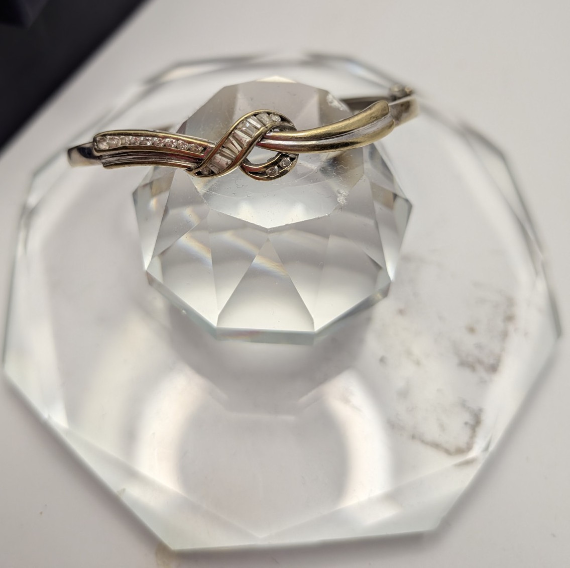 Silver Tone Knot Bangle Bracelet, Hinged Closure, Stackable, crystals
