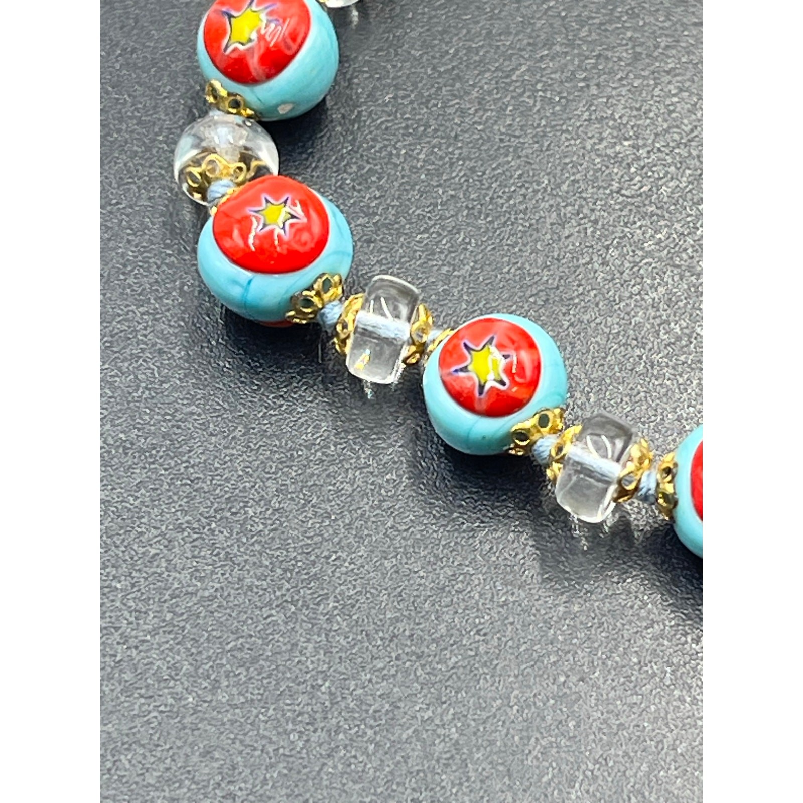 Darma Veiro Murano Venezia Italian Blue Red Glass Yellow Star Bracelet New
