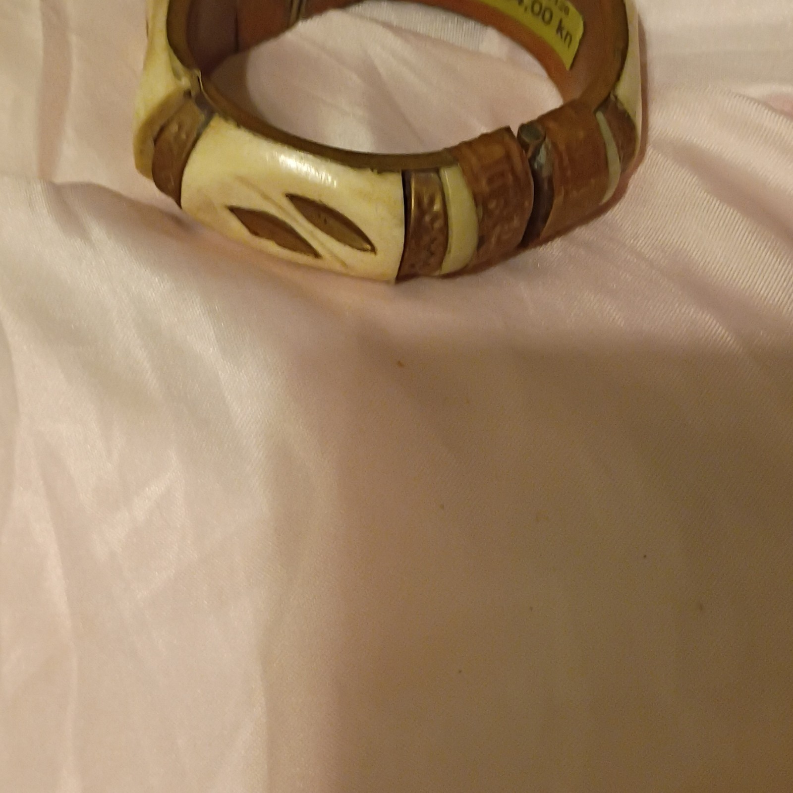 Wood Oval Bangle Bracelet, Brown and Ivory, No Stone, Two-Tone Color