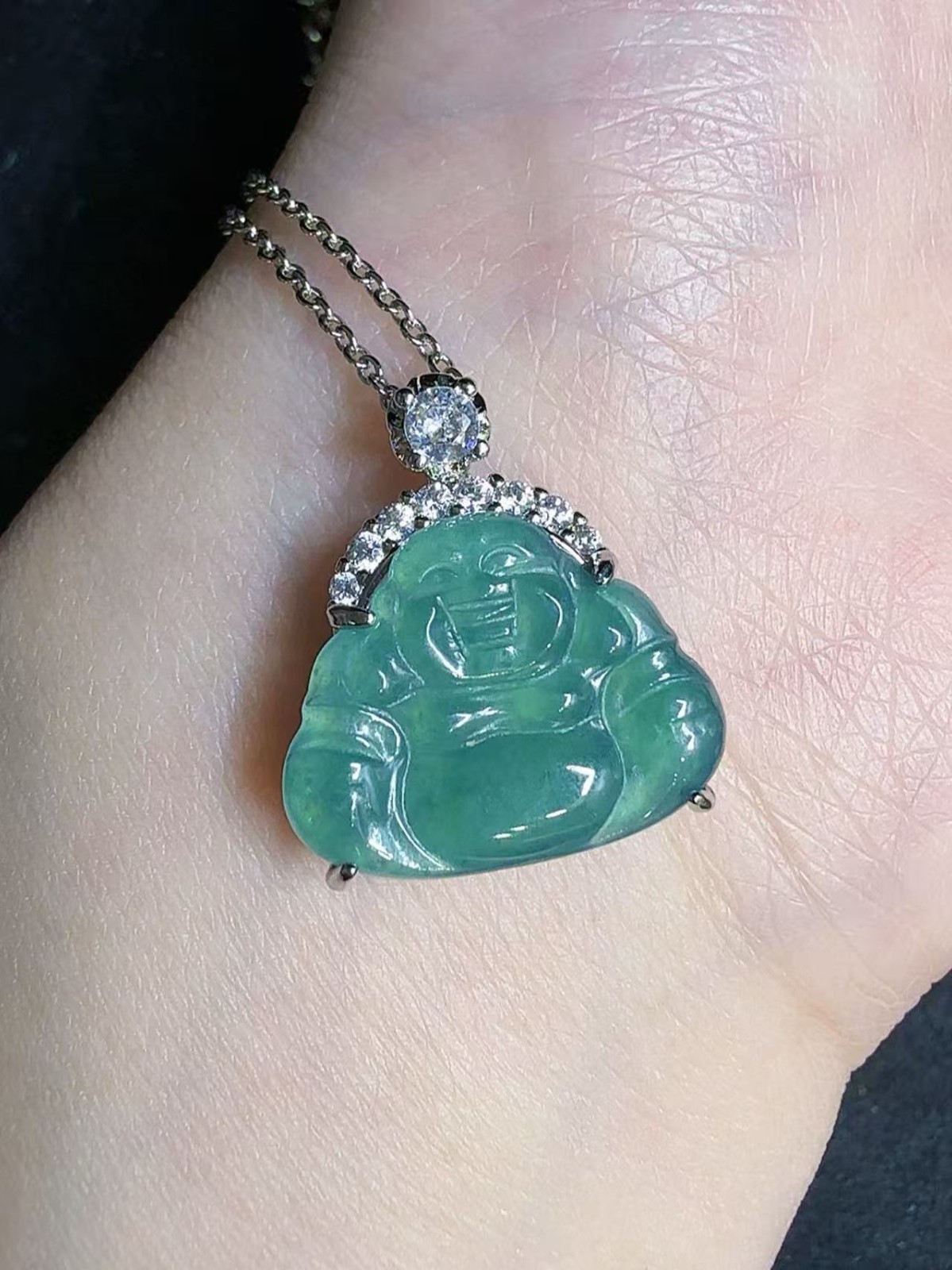 Natural grade A jadeite sky blue Maitreya Buddha pendant