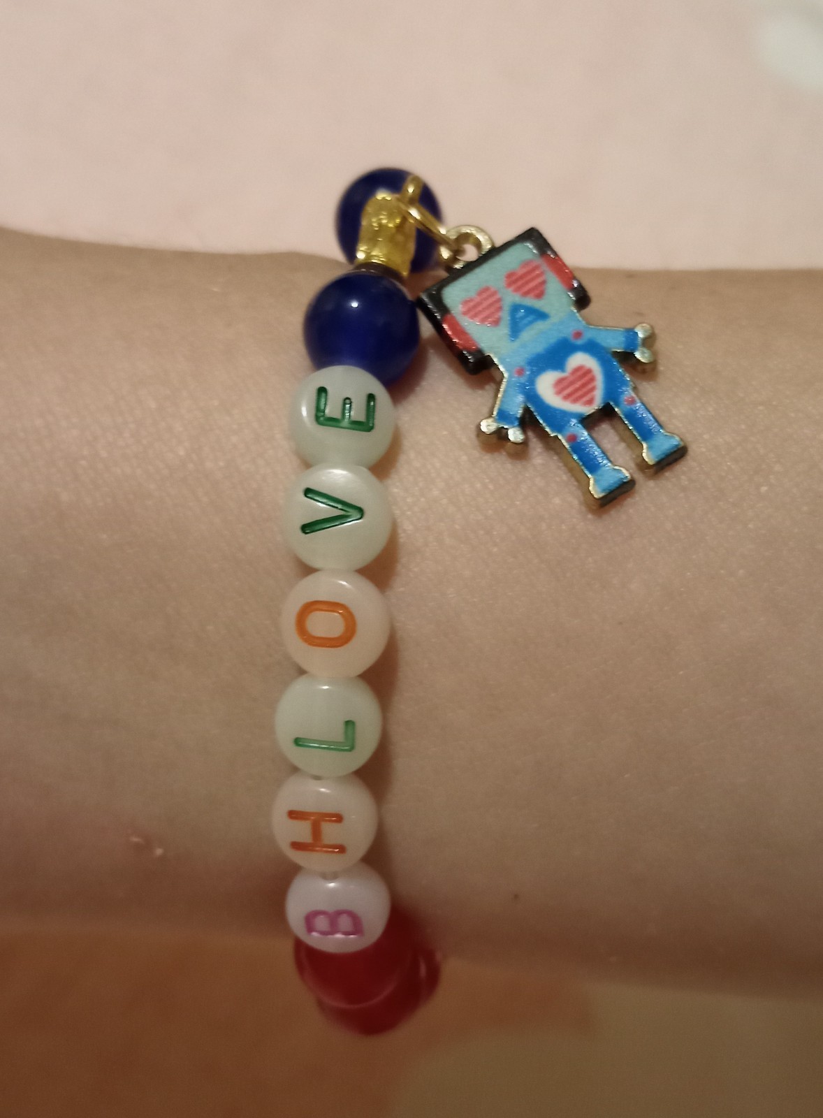 Handmade BH Love 8mm Glass Stretch Bracelet With a Blue Robot Charm