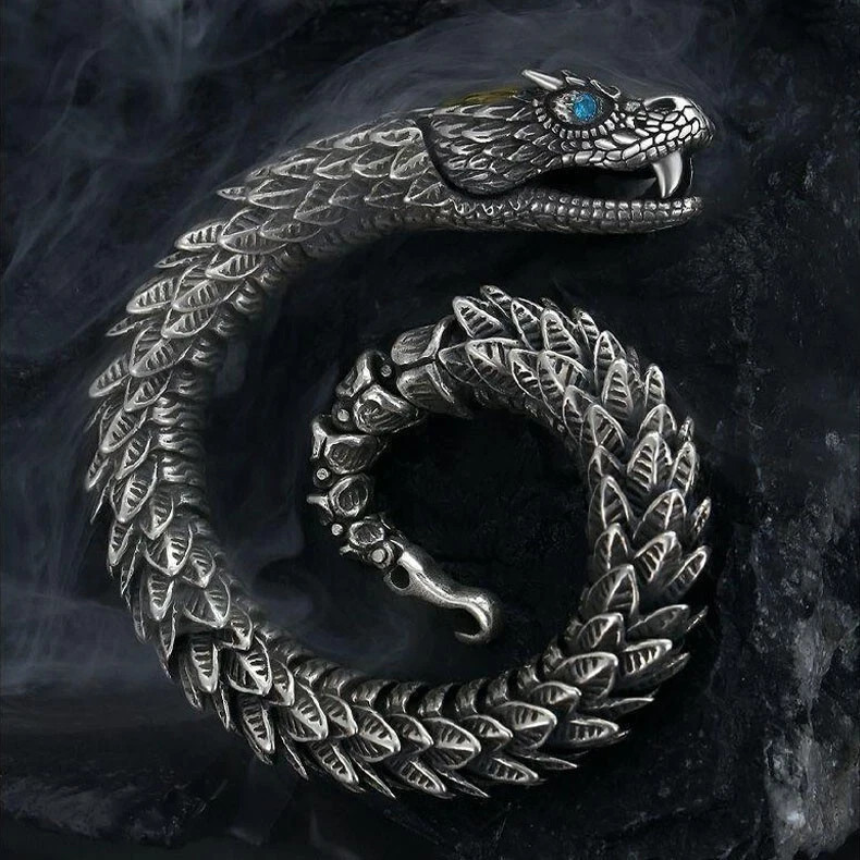 Men Vintage Ouroboros Snake Viking Stainless Steel Scale Chain Bangle Bracelet