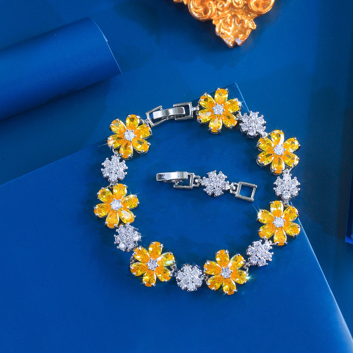 Sparkly Yellow Gold Plated Cubic Zirconia Flower Tennis Bracelet for Women Party