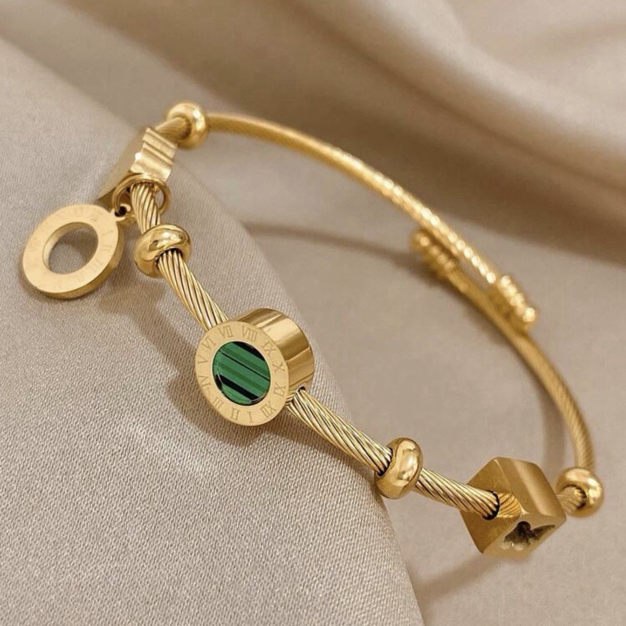 Gold Tone Charm Bangle Bracelet Roman Numeral Heart Charm Stainless Steel