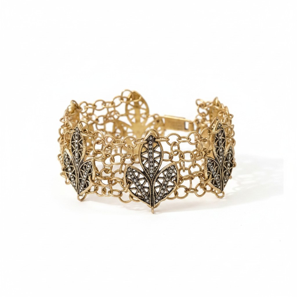 Women’s Leaf Statement Bracelet Brass Plated , Silver Plated Mesh Chain NWOT