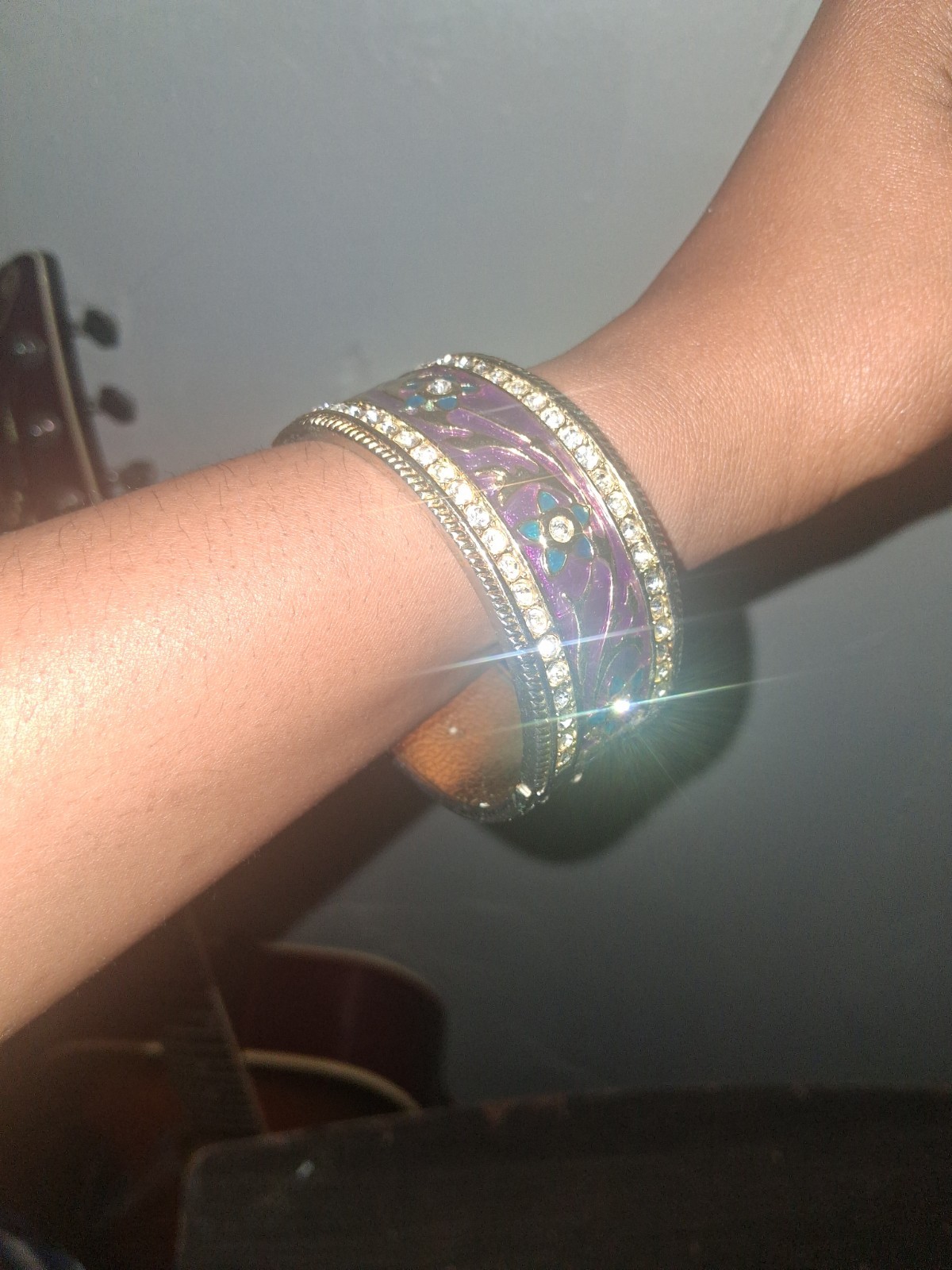 Silver Tone Purple Enamel Wide Cuff Bangle Bracelet Pavé Crystal Rhinestone