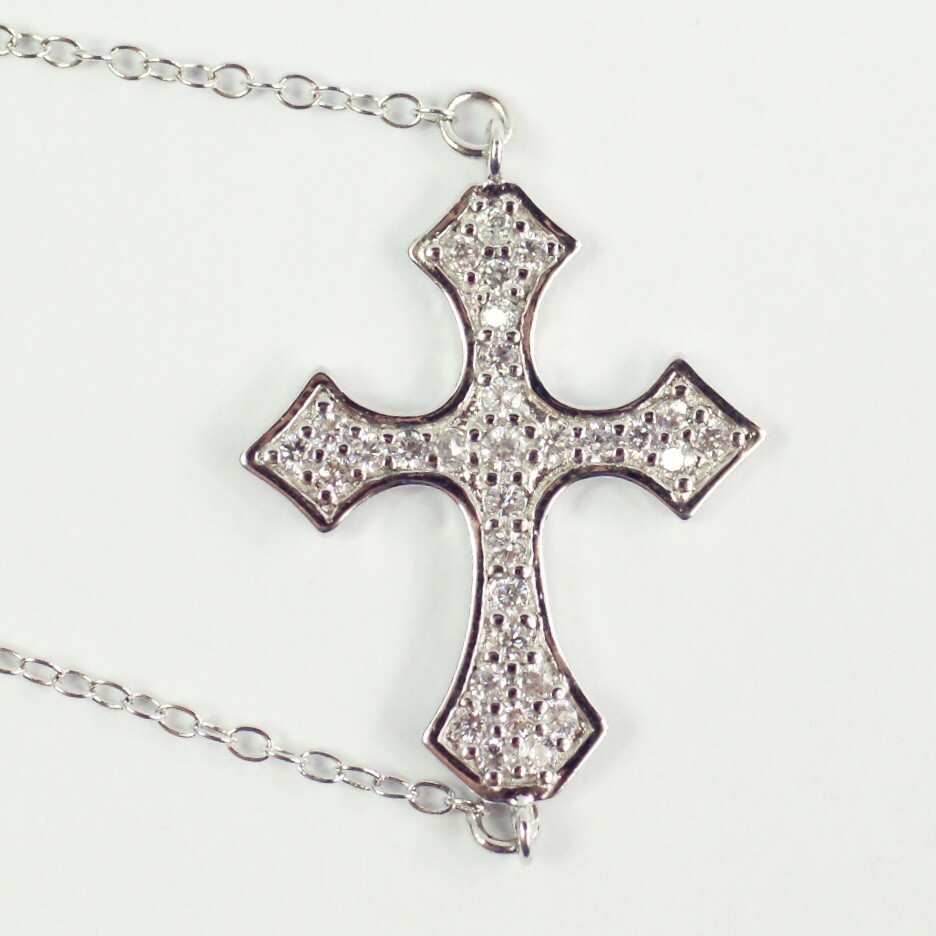 Sterling silver white/colorless CZ pavé cable chain cross bracelet