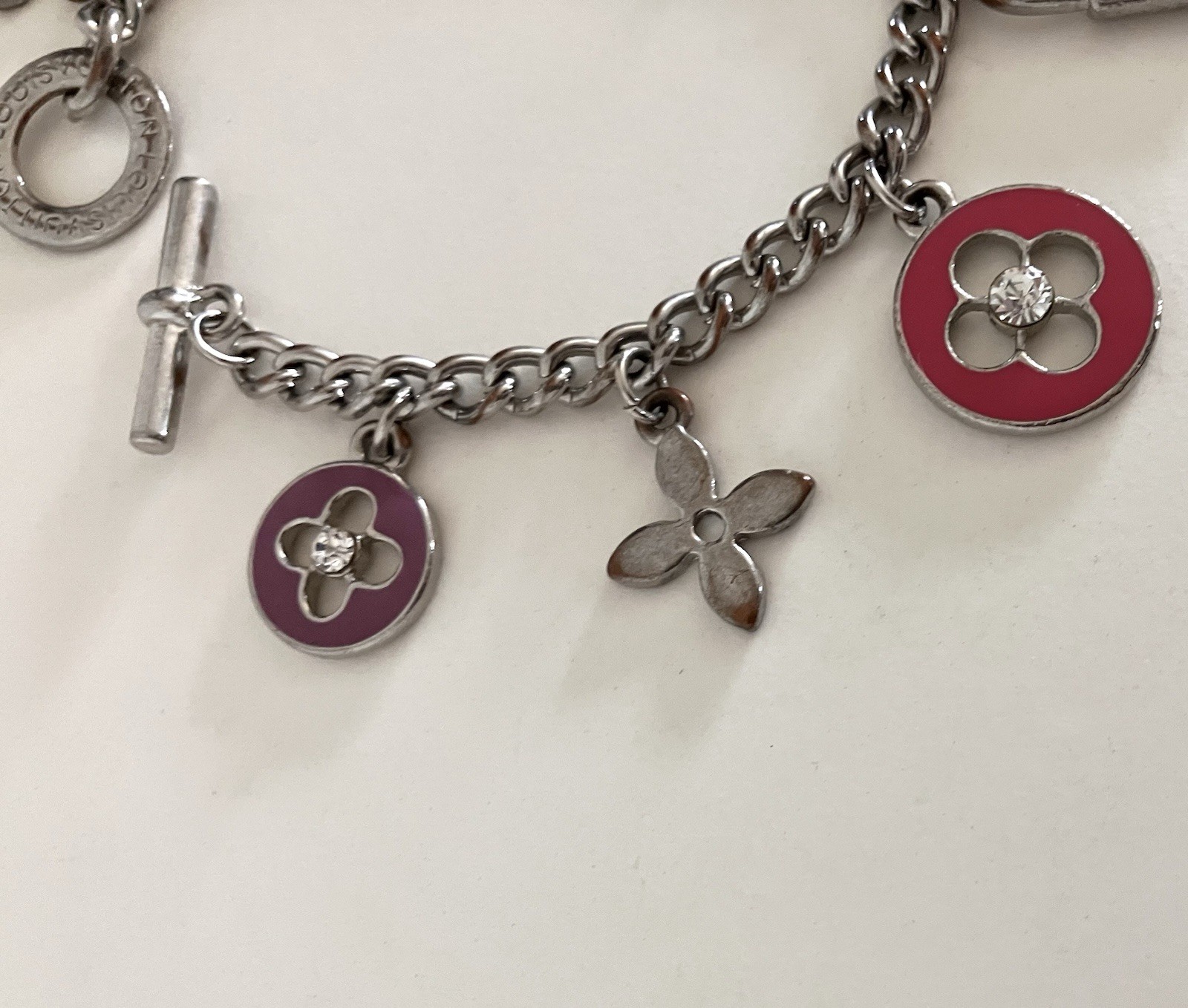 LOUIS VUITTON Vtg RARE Lock & Key, Sweet Monogram Enamel Charm Bracelet 8 Charms