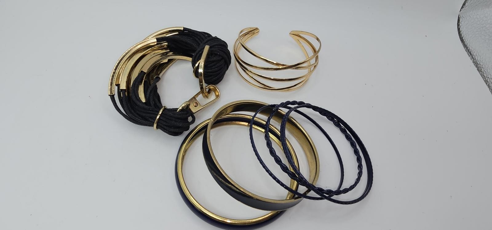 Mixed Metal & Enameled Bangle Set – Blue & Black Cord Bracelet Stack – 5 Piece
